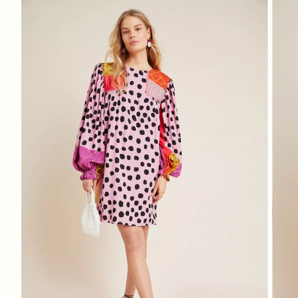 Anthropologie Pink Polka Dot Long Sleeve Dress